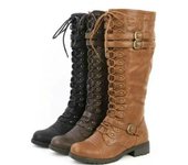 Botas altas hasta la rodilla para mujer, zapatos planos con cordones para otoño e invierno, zapatos sexis Steampunk de PU con hebilla retro para mujer, botas de nieve para mujer yui8 4 marrón oscuro