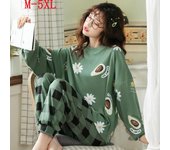 Primavera y otoño verano algodón pantalones de manga larga pijamas mujeres niñas pijamas talla grande holgadas de cuadros traje para casa M