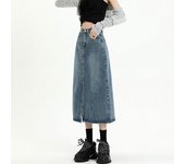 Falda vaquera vintage de medio cuerpo, falda vaquera recta de cintura alta de medio cuerpo para mujer, falda de corte A con abertura frontal, paquete de cadera en forma de pera, falda de largo medio 2XL