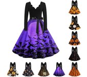 Vestido acampanado con estampado de Halloween para mujer, vestido de manga larga, vestidos casuales XXL azafrán