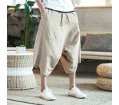 Pantalones harén Harajuku para hombre, pantalones de chándal de lino y algodón de verano para hombre, pantalones hasta la pantorrilla de color liso de estilo chino vintage para hombre S caqui