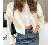 Chaqueta bomber blanca para mujer, chaqueta corta con botones para otoño e invierno, ropa de abrigo corta de manga larga a la moda para mujer M negro
