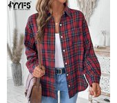 YYFS Chaquetas y abrigos de cuello polo de manga larga con estampado de cuadros informales a la moda para mujer para otoño e invierno S rojo