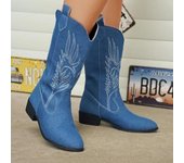Botas de caballero a la moda para mujer, sin cordones, con suela gruesa, para otoño e invierno, con punta puntiaguda y tacón cuadrado, botas vaqueras bordadas 36