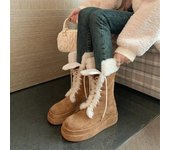 Meotina, botas de media caña para mujer, punta redonda, plataforma plana, tacones altos, botas de combate con cordones de lana, zapatos de moda para mujer, invierno albaricoque 40 33 negro