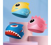 Gorro de natación de silicona con forma de tiburón y pez bonito de dibujos animados para niños, gorro de natación con protección para las orejas, accesorios para piscina para niños y niñas