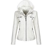 Todas las estaciones de las mujeres moda bombardero cremallera chaqueta de cuero con capucha abrigos de imitación invierno cálido sólido Outwear XS marrón