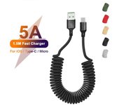 Cable USB C 5A, Cables de resorte de carga rápida para iPhone, Cable Lightning tipo C, Cable de datos Micro para Huawei Xiaomi 1,5 m For micro negro