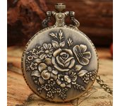 1 reloj de bolsillo de cuarzo para mujer, colgante de pétalos de rosa con cadena de collar y diseño retro elegante de bronce