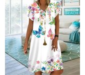 Vestido de verano de moda con escote en V para mujer, vestido holgado informal con estampado de mariposas rosas y mangas cortas para mujer XS blanco