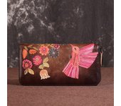 Johnature Retro Cowhide Long Womens Wallets And Purses Floral Genuine Leather Leisure Phone Purse Wallet Card Holder marrón