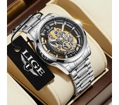 LIGE, nuevo reloj para hombre, marca superior, reloj de pulsera de cuarzo de lujo para negocios, esqueleto plateado, reloj Vintage a prueba de agua para hombre marrón/oro