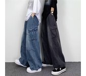 Pantalones vaqueros holgados de primavera y otoño para hombre, pantalones de pierna ancha para hombre, pantalones de calle con cintura elástica y bolsillos grandes, pantalones vaqueros sueltos para hombre XS negro