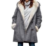 Chaqueta de invierno para mujer, con forro polar, capucha, manga larga, botones de cuerno de vaca, abrigo de longitud media, abrigo peludo resistente al viento, chaqueta cálida para mujer L negro