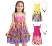 Vestido de Playa Bohemio para Niñas con Hombros Descubiertos Floral Sin Mangas Tirantes Arcoíris Vestido Suspensor con Collar Conjunto de Verano 3-4 Years