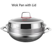 Sartén Wok de acero inoxidable con tapa Sartén de fondo redondo Utensilios de cocina antiadherentes de tres capas - Olla de cocina de doble asa para estufas de inducción/eléctricas/de gas 36CM