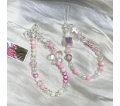 Cadena para teléfono con dije coreano de mariposa rosa y corazón de amor para iPhone, niña y mujer, joyería con correa de cuentas, cordón colgante, pulsera A5