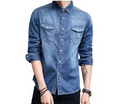 Camisa vaquera de corte entallado coreana para hombre, ideal para las temporadas de primavera y otoño L azul oscuro
