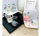Gorra de béisbol de verano con rosas para mujer, estilo snapback, moderna, con diamantes de imitación y perlas, informal, transpirable, con visera blanco