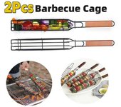 Cesta portátil para asar barbacoa, cesta antiadherente de acero inoxidable para parrilla de barbacoa, herramienta para asar carne y Picnic con mango de madera rojo