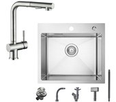 Fregadero de cocina de un solo seno de 50 x 45 cm de acero inoxidable cepillado, grifo mezclador extraíble con 2 funciones de rociado