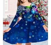 Vestido informal de primavera para niña, vestido de manga larga con cuello redondo y estampado de copo de nieve giratorio azul en 3D, vestido de princesa para niño para Navidad 80 azul