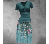 Vestido de verano para mujer, cuello redondo, manga corta, escote en V, plisado, cintura ajustada, parches finos, estampado floral 3D vintage, línea A, vestido diario para viajar por la noche XL