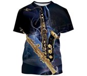 Camiseta informal de calle con elementos musicales en 3D para hombre, estampado de saxofón de hip hop, moda de tendencia, ropa atractiva de cuello redondo S