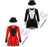 Conjunto de disfraz de mago para niñas, manga larga, pajarita, cremallera trasera, leotardo de lentejuelas con sombrero, varita mágica, guantes para Halloween, cosplay, disfraces 3-4 Years negro