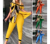 2 unids/set de pantalones superiores para mujer, conjunto con estampado de leopardo, un hombro, dobladillo dividido, manga corta, ropa para discoteca, traje de verano para mujer, ropa femenina 2XL amarillo
