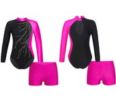 Ropa de baile para niñas, ropa de patinaje y gimnasia, mono de leotardo de manga larga con pantalones cortos 5-6 Years borgoña