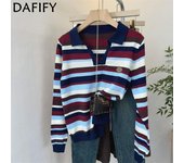 DAFIFY Suéteres de cuello alto tipo polo de manga larga con estampado de rayas informales de moda para mujer para otoño e invierno One Size azul marino