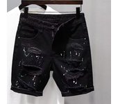 Pantalones cortos vaqueros ajustados con pegatinas de agujeros negros para hombre, mallas de moda coreana, estilo Hip Hop, pantalones cortos vaqueros negros Harajuku a la moda para hombre de verano 28 negro