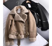 Chaqueta de invierno gruesa y cálida de gamuza de cordero para mujer, abrigos marrones cortos para motocicleta, chaquetas de piel de oveja sintética, prendas de vestir L rojo marrón