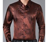 Camisa de vestir para hombre Camisas de satén de seda sintética Dragón chino Negocios Formal Blusa de manga larga Tops casuales L rojo