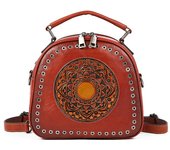 Bolsos de mano de cuero genuino para mujer, bolsos de hombro con estampado de tótem de diseño Vintage, bolso cruzado de moda, bolsos para teléfono, monedero 21cm*10cm*20cm rojo vino