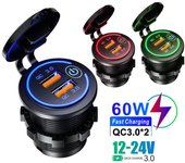 Cargador de coche de 60W QC3.0, cargador de coche rápido USB Dual con interruptor táctil y luz Led, adaptador de carga rápida de 12V/24V