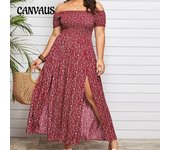 Vestido de verano Tallas grandes Casual Bohemio Impreso Sin tirantes Un cuello Vestido dividido Vestido largo floral L blanco