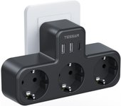 Tessan Toma de corriente múltiple negra con 3 salidas de CA y 2 puertos USB (1 tipo C), adaptador USB 6 en 1 con protección contra sobrecargas para smartphones y tabletas. 3 Outlets 2 USB 1 Type C negro