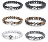 Pulsera de ágata negra mate europea y americana con piedra de ojo de tigre y pino blanco, con plataforma cruzada y calavera, pulsera de cuentas de acero de titanio para hombre