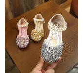 Novedad de verano, zapatos de moda para chicas, zapatos de princesa brillantes con diamantes de imitación, zapatos individuales con Velcro, zapatos de baile con lentejuelas y perlas 25 color rosa