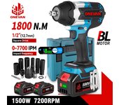 ONEVAN-llave de impacto eléctrica sin escobillas, Torque de 1800N.M, con batería de 588VF, llave inalámbrica de 1/2  , herramienta eléctrica para batería Makita de 18V 1 Battery Set