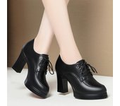 Zapatos de cuero con cordones para mujer, elegantes zapatos sencillos de tacón alto con punta profunda, estilo primavera-otoño, zapatos de cuero para señoras de mediana edad. 35