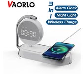 Cargador inalámbrico VOLOR 3 en 1 de carga rápida de 15W con despertador y luz nocturna Compatible con carga de 10W para iphone Airpods rotación libre blanco