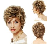 Pelucas cortas rubias y marrones rizadas para mujer, peluca Natural de pelo sintético con flequillo, peluca resistente al calor para uso diario, Cosplay marrón dorado