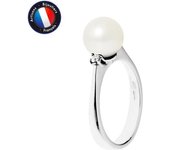 PERLINEA - Anillo de Perlas Cultivadas de Agua Dulce Redondas Genuinas 8-9 mm - Color Blanco Natural - Diamante - Oro Blanco - Joyería Mujer