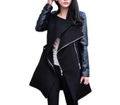 Abrigos de invierno para mujer, moda de otoño, cremallera de cuero, retales, Sexy, cuello en V, abrigos ajustados informales sólidos, exterior para mujer XXXXL negro