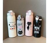 Termo de acero inoxidable con dibujos de gatos y pajita, portátil, para niños, para viaje, botella de agua térmica negro