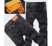 Pantalones vaqueros ajustados de terciopelo grueso para hombre: diseño de copos de nieve otoñales, pantalones largos de moda de estilo coreano para adolescentes 33 - Recommended 145-155 lbs