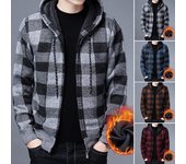 Hombres Otoño Invierno Chaqueta Color A Juego Estampado A Cuadros De Punto Con Capucha Cierre De Cremallera Cárdigan Manga Larga Cordón Longitud Media Abrigo Grueso Cálido Casual M azul